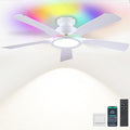 Ceiling Fans with Lights and Remote/APP Control, 52" Low Profile Flush Mount Ceiling Fan with RGB Ring Light & Dimmable, 5 Reversible Curved Blades 3 CCT 6 Speeds for Kids Room Living Room, White