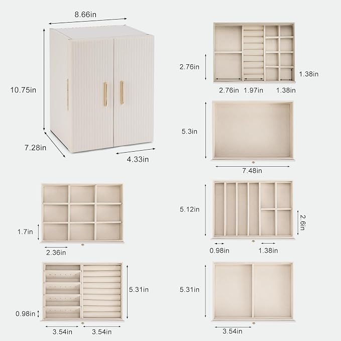 Dajasan Large Jewelry Organizer Box, Jewelry Boxes for Women Girls, 6-Tier Jewelry Storage Organizer with Mirror for Necklace Ring Bracelet Watch, Gift Idea (Beige)
