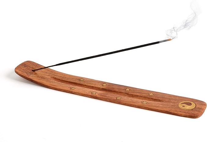 Wooden Incense Holder for Sticks with Inlays of Brass Ying YANG 10 inches Long