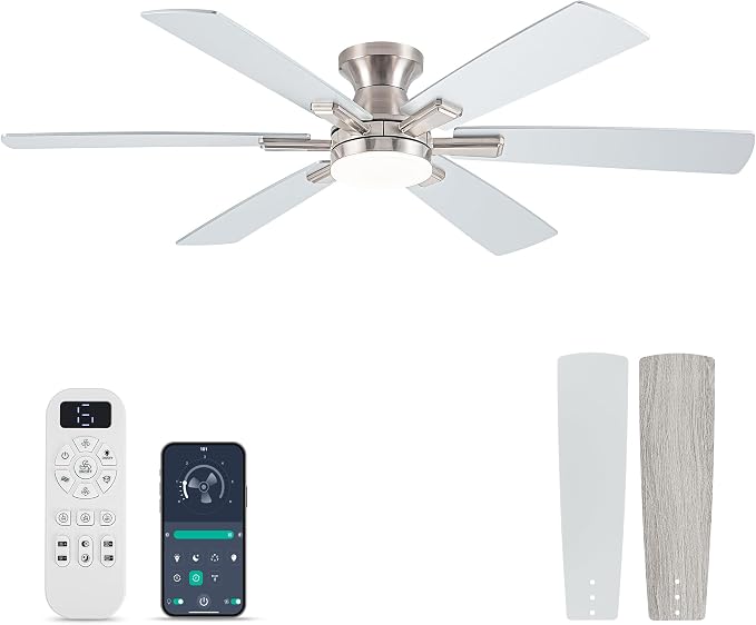 Ceiling Fans with Lights and Remote Control, Brushed Nickel Flush Mount Ceiling Fan with Light 3-Color Dimmable, Memory for Lighting and Fan Reversible, 6-Speed, Timer, Indoor/Outdoor Use, 52 Inch