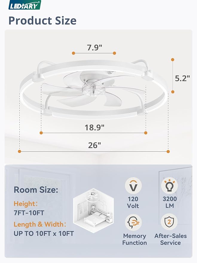 LEDIARY 26" Ceiling Fans with Lights and Remote, Low Profile Led Fan Light | Stepless Dimmable Fandelier, 6 Wind Speeds, Remote and APP Control, Flush Mount Ceiling Fan for Bedroom, Living Room, White