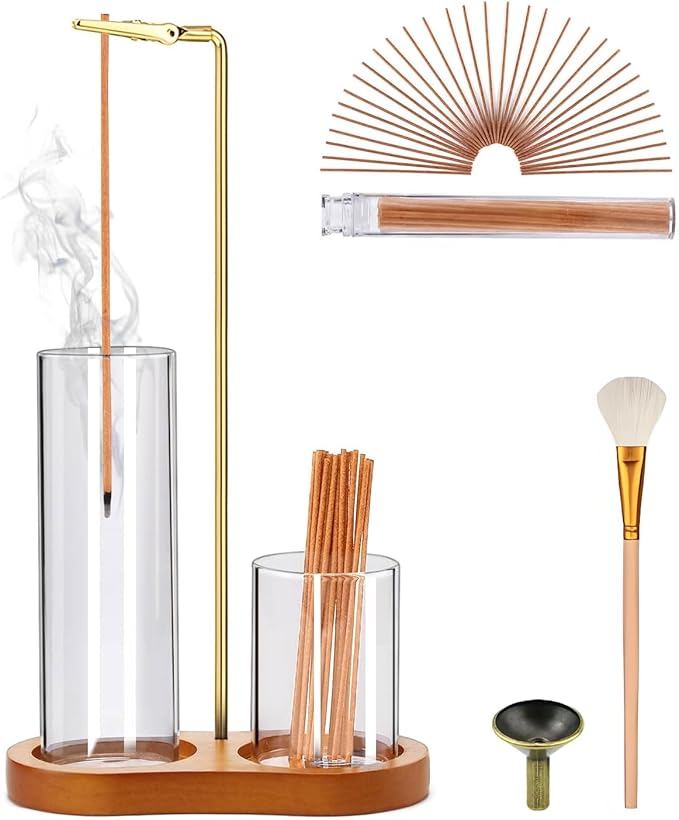 Incense Holder, 3 in 1 for Sticks with Detachable Anti-Ash Flying Incense Burner with Glass Ash Catcher andSticks Organizer Handmade Wooden Tray for Meditation Yoga Room Decor Package