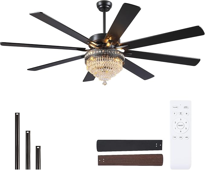 72 Inch Black Large Crystal Chandelier Ceiling Fans with Lights and Remote | Supports Remote and APP,6 Reversible Wind Speeds,60W Quiet AC Motor,8 Wooden Blades,4*E12 LED Bulbs Included,for Living Room