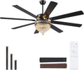 72 Inch Black Large Crystal Chandelier Ceiling Fans with Lights and Remote | Supports Remote and APP,6 Reversible Wind Speeds,60W Quiet AC Motor,8 Wooden Blades,4*E12 LED Bulbs Included,for Living Room