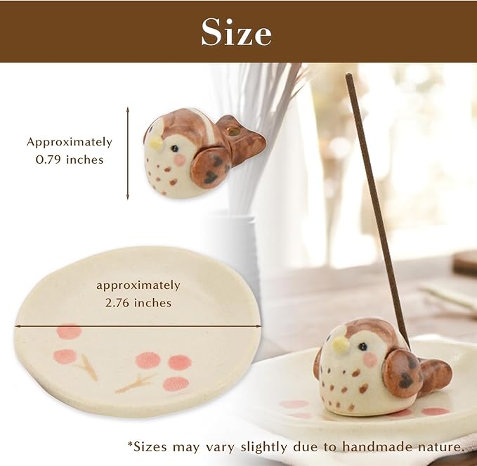 Hasegawa Fortune Sparrow Ceramic Incense Holder: Handcrafted Round Sparrow Design with Unique Expressions, Symbol of Luck - Height 0.79 inches, Plate Diameter 2.76 inches