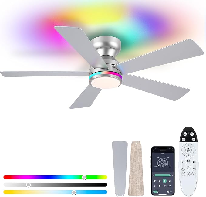 RGB Ceiling Fans with Lights, 46" Flush Mount Ceiling Fan with Remote APP, RGB+3CCT Dimmable Led Light, Reversible 6 Wind Speeds&2H Timer, Low Profile Modern Fan Light Fixture for Bedroom Party Silver