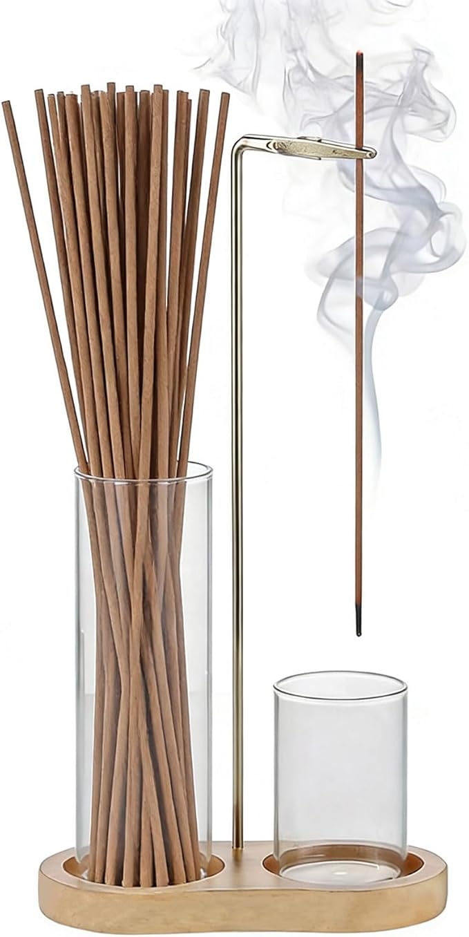 Upside Down Incense Stick Burner, Including Wood Base, Glass Ash Catcher Detachable Metal Incense Holder, Anti-Scald Design for Meditation, Yoga, Home & Office Decor