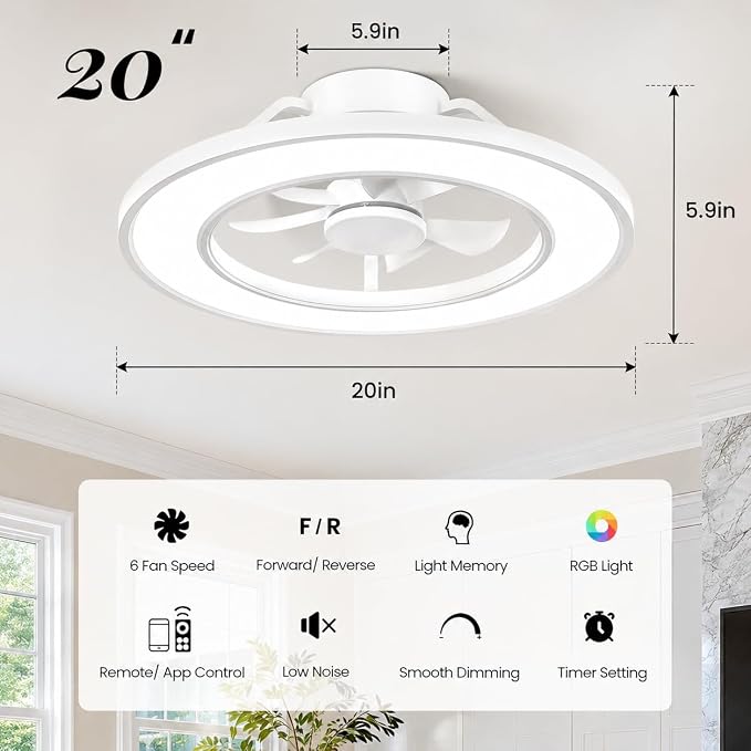 20'' RGB Ceiling Fans with Lights and Remote, Low Profile Ceiling Fans, 3000-6000K Dimmable Modern Flush Mount LED Fan Light, Bladeless Fandelier Ceiling Fan for Bedroom, Living Room, White