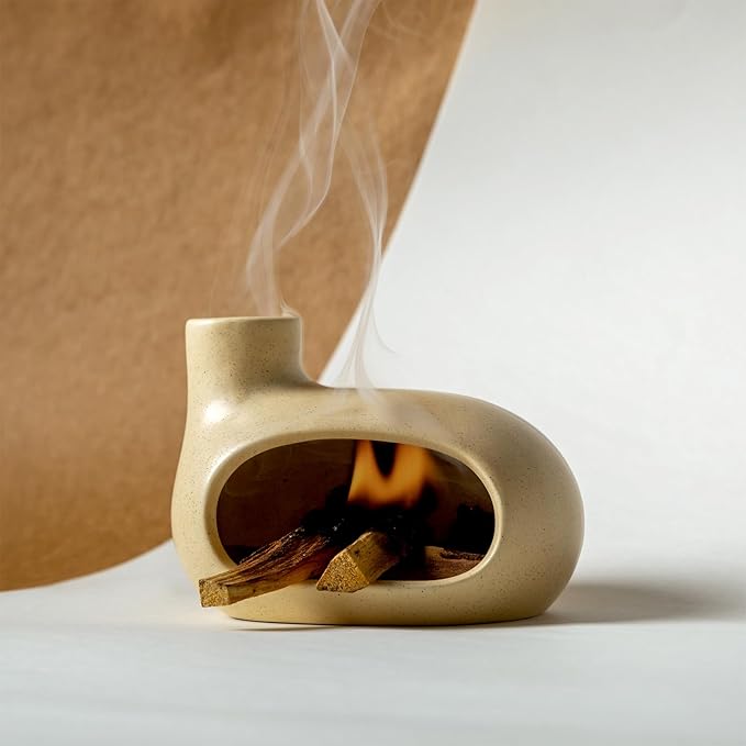 MOUGIGI Palo Santo Holder - Ceramic Incense Burner for Palo Santo Sticks, Cone, and Spiritual Sage - Modern Chiminea for Meditation - Handcrafted Smudge Bowl and Meditation Gift