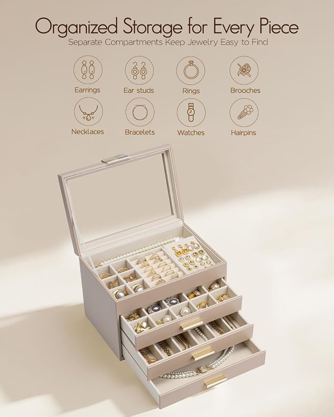 VLANDO Jewelry Box Organizer for Women, 4-Layer Jewelry Storage Case with Glass Lid, Gold Handle, 3 Drawers for Rings, Earrings, Necklaces and Bracelets - Toffee