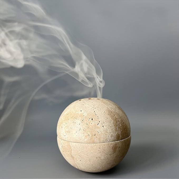 9 Holes Handmade Natural Marble Round Incense Burner Holder for Meditation Decorative Room/Kitchen/Coffee Shop (Beige Travertine Stone)