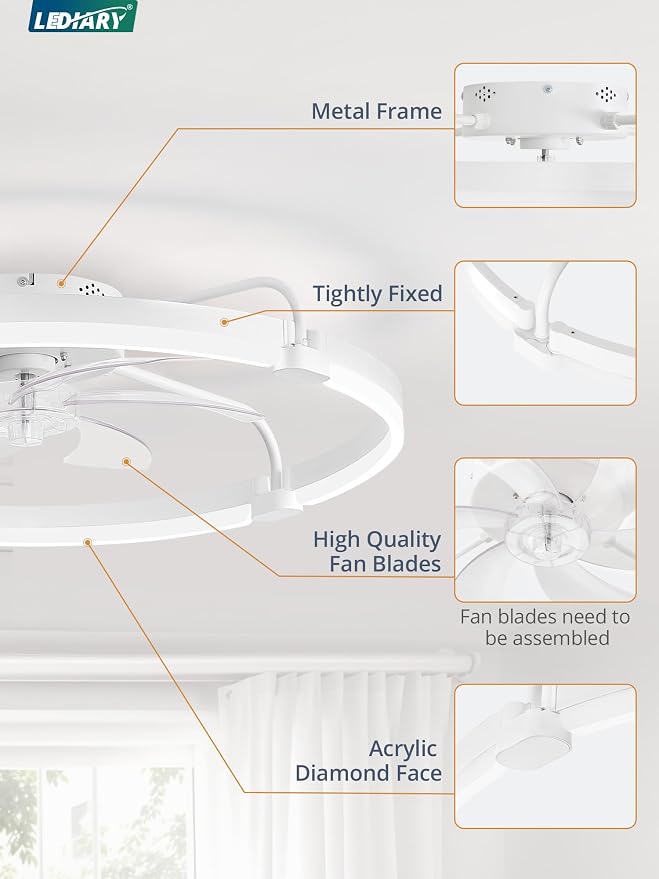 LEDIARY 30" Ceiling Fans with Lights and Remote, Low Profile Led Fan Light | Stepless Dimmable Fandelier, 6 Wind Speeds, Remote and APP Control, Flush Mount Ceiling Fan for Bedroom, Living Room, White