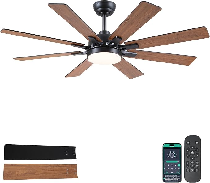 Kviflon 52 Inch Ceiling Fans with Lights, Modern Brown Ceiling fan with light for Bedroom Living Room Indoor Outdoor, Remote/APP Control, Reversible Quiet DC Motor, Dimmable LED, 8 Wooden Blades