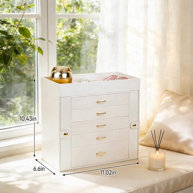 BOOVO Large Jewelry Boxes For Women (Pearl White, 6 Layer) | 6 Layers Jewelry Organizer Box With Cosmetic Storage Drawer, Necklace Ring Jewelry Organizer Box