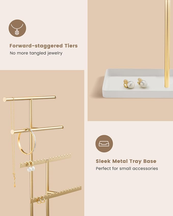 Lolalet 4-Tier Jewelry Organizer Stand, Metal Jewellery Holder, Dresser Display Rack for Necklace Earring Bracelets Rings, Gift for Women Girls -Gold