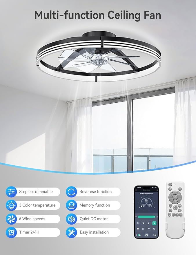 AKOFUN 24" Ceiling Fans with Lights and Remote, Low Profile Flush Mount Ceiling Fan with Light, 3000-6500K Dimmable LED Fan Light, Modern Bladeless Fandelier Ceiling Fans for Bedroom, Black Stripes