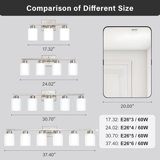 FonmYim Brushed Nickel Bathroom Light Fixtures, 6-Light Modern Vanity Light Over Mirror, Wall Sconces with Milky White Frosted Glass Shades, E26 Socket (Bulbs Not Included)