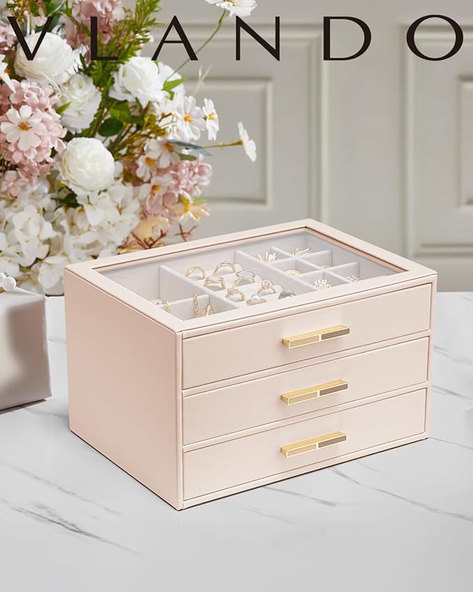 VLANDO Jewelry Box for Women, Glass Lid Jewelry Organizer with 3 Drawers for Necklaces Rings Earrings Bracelets - Nude Pink