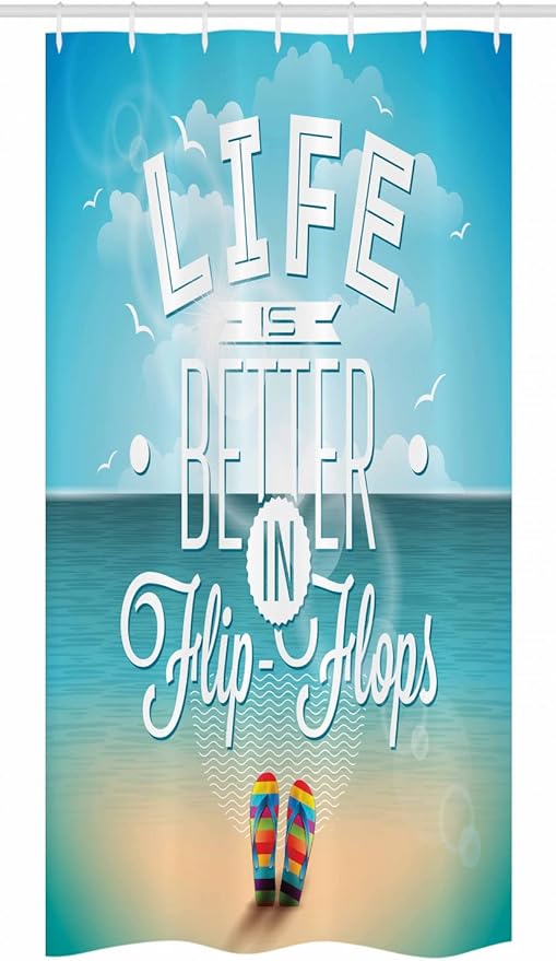 Ambesonne Saying Stall Shower Curtain, Life is Better in Flip-Flops Inspirational Phrase on a Seascape Hot Summer Print, Fabric Bathroom Decor Set with Hooks, 36" W x 72" L, White Aqua