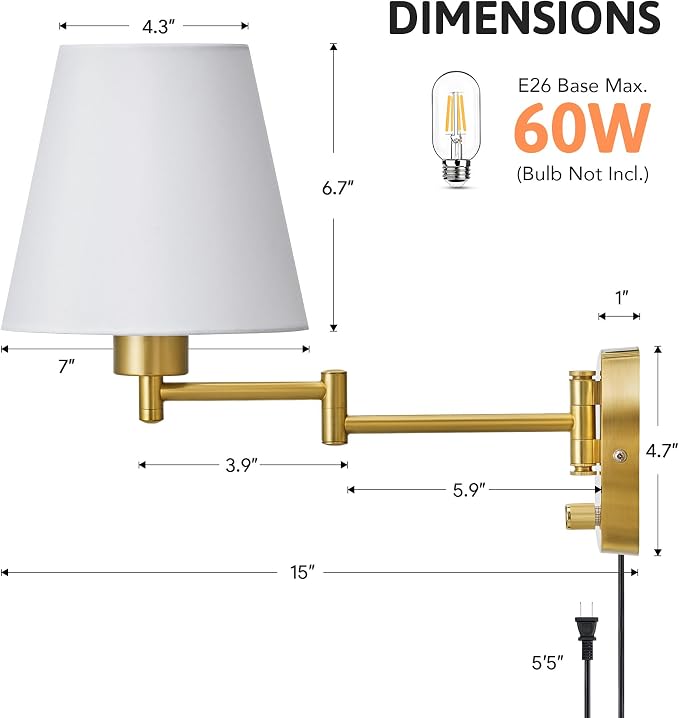 VONLUCE Swing Arm Wall Lamp, Plug in & Hardwired Wall Sconce, Adjustable Wall Mounted Lighting Fixture, Modern Wall Light with Golden Base White Fabric Shade for Bedside, Hallway, Reading