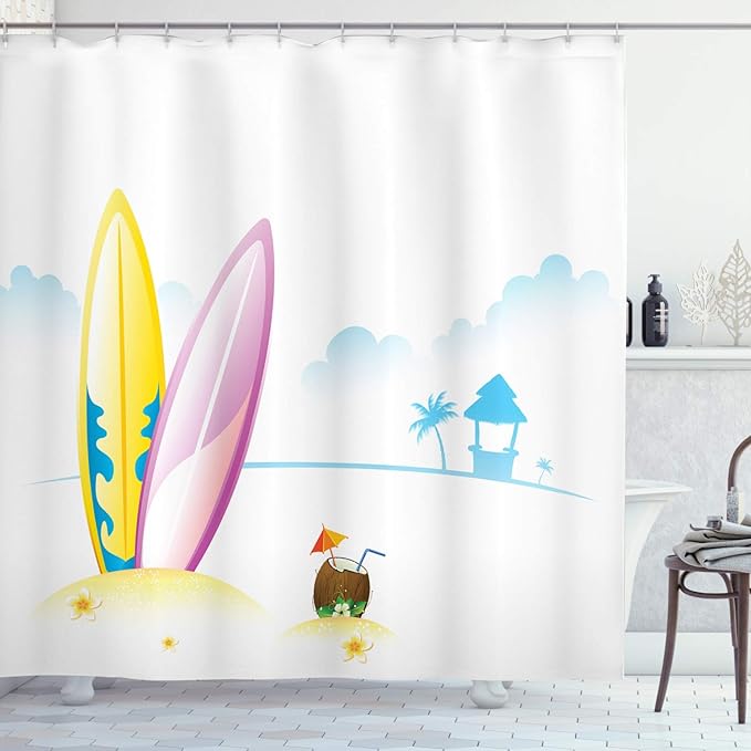 Ambesonne Surfboard Shower Curtain, Illustration of Surfing Board with Tender Coconut on Sea Beach Bungalow Horizon, Cloth Fabric Bathroom Decor Set with Hooks, 69" W x 75" L, Aqua Yellow