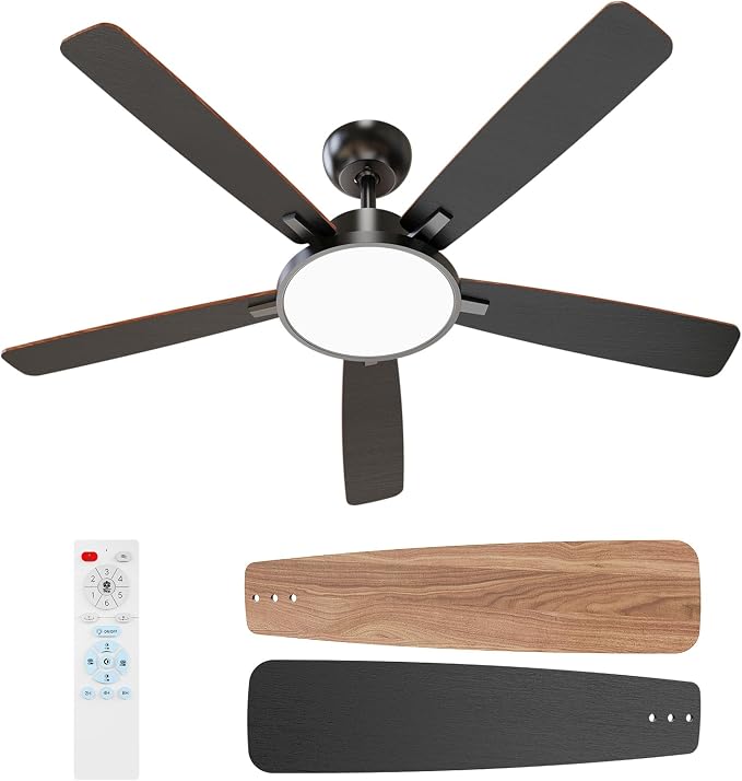 TALOYA 52 Inch Black Ceiling Fans with Lights Led Remote Control Flush Mount Low Profile for Bedroom Living Dining Room Outdoor Farmhouse Patio,Reversible,DC Motor,Diammable,Buzzer ON/Off,5 Blades