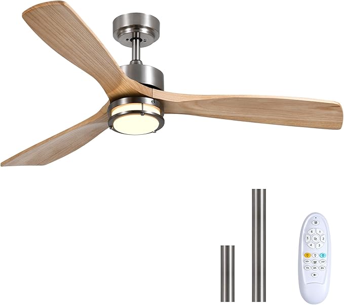 52 Inch Ceiling Fans with Lights and Remote Control, 3 Blade Ceiling Fan with Light for Bedroom Living Room Indoor Outdoor Patio, Reversible, 3CCT, Dimmable, Noiseless DC Motor, Nickel & Natural Wood