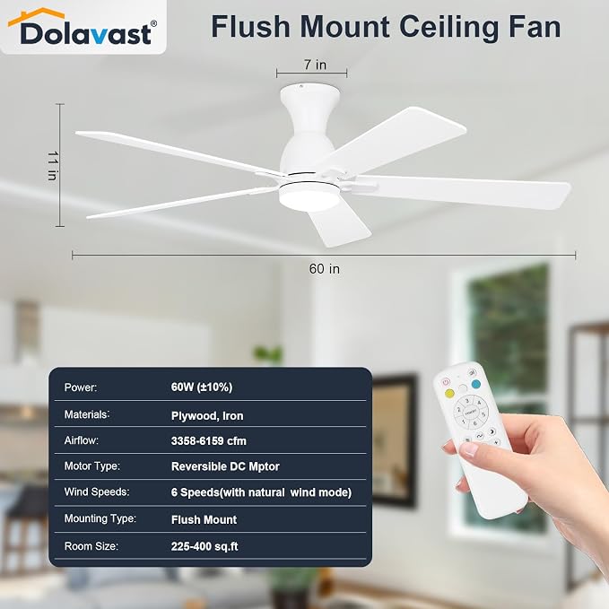 Ceiling Fans with Lights, 60 Inch Low Profile Ceiling Fan with Light and Remote Control, Flush Mount, Reversible, 3CCT, Dimmable LED, Quiet, White Ceiling Fan for Bedroom, Living Room