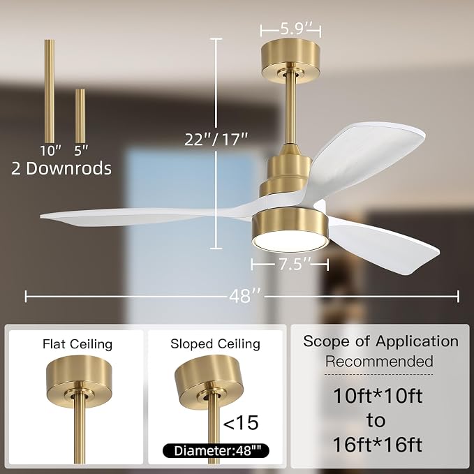 CACI Mall 48 inch Smart Ceiling Fans with Lights, Low Profile, Modern, Gold, 3 Blades, Solid Wood, Remote Control, Work with Alexa/Google, Outdoor Indoor Ceiling Fans for Patio Living Room Bedroom