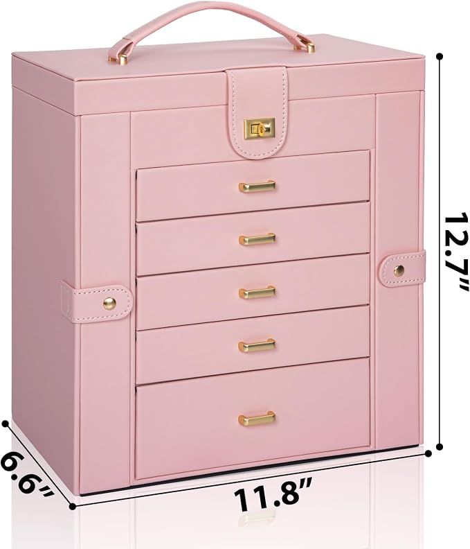 AKOZLIN 6-Tier Jewelry Box Organizer Functional 5 Drawers Leather Jewelry Storage Case for Women Girls Ring Necklace Earring Bracelet Holder Organizer with Mirror Extra Large Champagne Pink