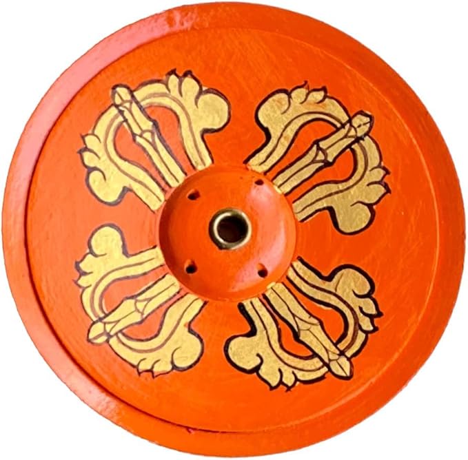 Wood Incense Holder Dorje (Vajra) Design | Handmade Handpainted Eco-Friendly Wood Incense Burner Ash Catcher | Home Décor Housewarming Gift | Stand Holds 4 Regular and 1 Tibetan Sticks