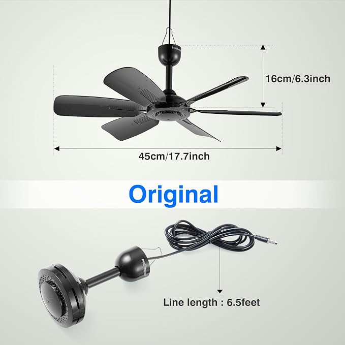 17.7" Inch Small Portable Ceiling Fan, USB Plug In, 5V DC Powered, 6 Blades, Indoor/Outdoor RV Camping Tent Canopy, Gazebo，Beach，Hanging, Quiet,black
