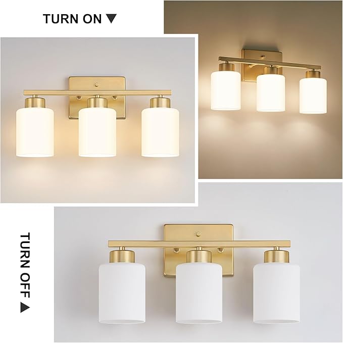 FonmYim Gold Bathroom Light Fixtures, 3-Light Modern Vanity Light Over Mirror, Wall Sconces with Milky White Frosted Glass Shades, E26 Socket (Bulbs Not Included)