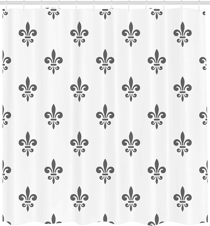 Ambesonne Fleur De Lis Shower Curtain, Fleur-de-Lis Royal Lily in Simple Old Style Ornate Antiquity Abstract, Cloth Fabric Bathroom Decor Set with Hooks, 69" W x 75" L, Grey White