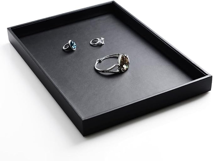 Oirlv Leather Jewelry Display Tray Black | Black Leather Exterior, Soft Velvet Lining, 13.78"X9.45"X1.18" Tray, Versatile Storage for Rings/Earrings/Necklaces