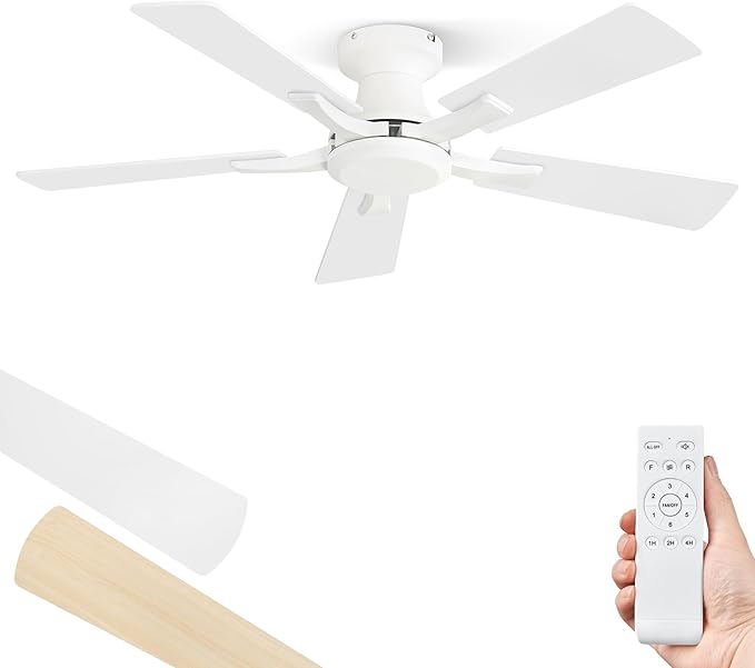 ZMISHIBO 42 Inch Ceiling Fan No Light, Flush Mount Low Profile, Modern White Ceiling Fan Without Light, Remote Control & Quiet DC Motor, for Indoor&Outdoor, Bedroom, Living Room