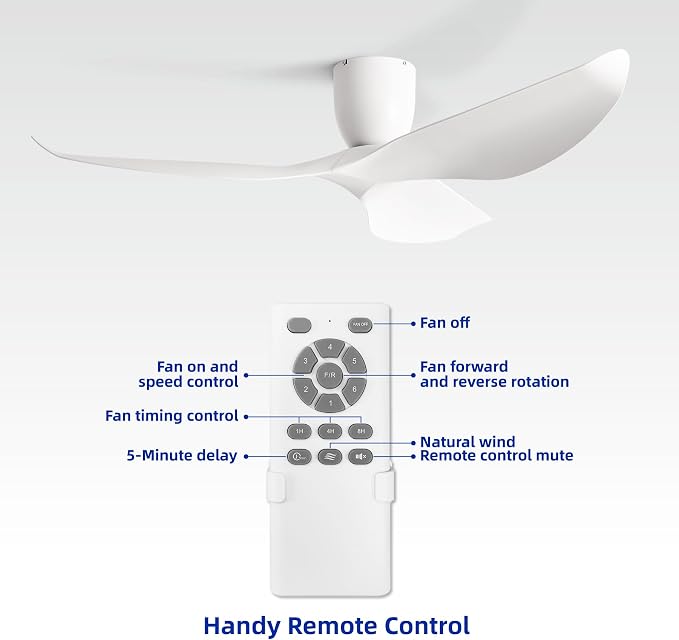 60" White Flush Mount Ceiling Fan with Remote, No Light | Modern Low-Profile, Heat Resistant ABS Blades, 6-Speed Reversible Quiet DC Motor for Balcony, Living Room, Bedroom