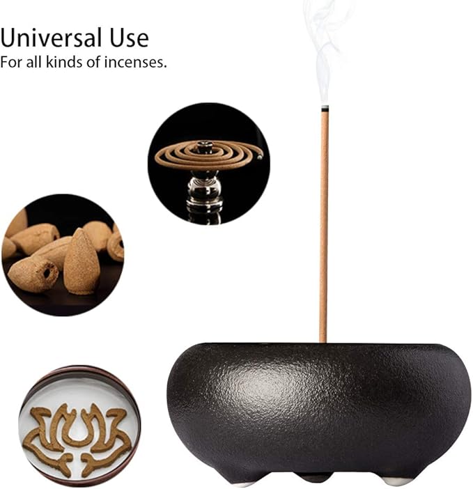 Tomorotec Dual Use Stick Incense Burner and Cone Incense Holder, Attom Tech Home Ceramic Incense Holder, Incense Ash Catcher (Black, Incense Sold Separately)