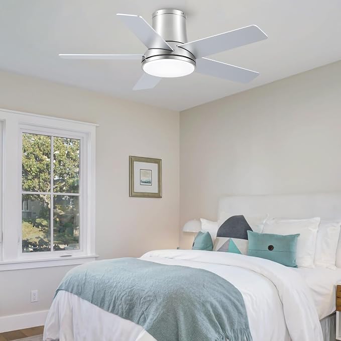 42 Inch Pro Brushed Nickel Flush Mount Ceiling Fans with Lights and Remote | 3CCT Dimmable LED, 6 Speed, Quiet DC Motor, 3-Level Timer Function, Forward/Reserve For all Seasons, Indoor/Covered Outdoor