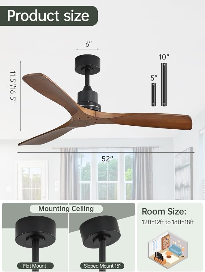 Sofucor 52 Inch Ceiling Fans No Light-Outdoor Ceiling Fan with Remote Control, 3 Blade Reversible DC Motor, Modern Wood Ceiling Fan Without Light for Bedroom Indoor Patios Farmhouse, Walnut