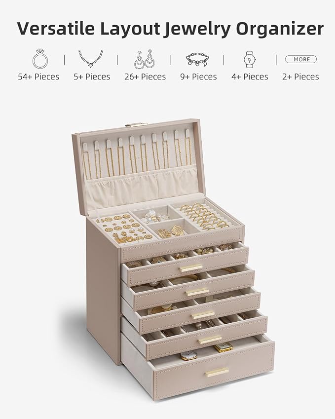 VLANDO 6 Layer Large Jewelry Box - Jewelry Holder Organizer, Jewelry Box Organizer for Drawer Necklace Ring Bracelet and Watch, Birthday Gift for Loved Ones - Toffee