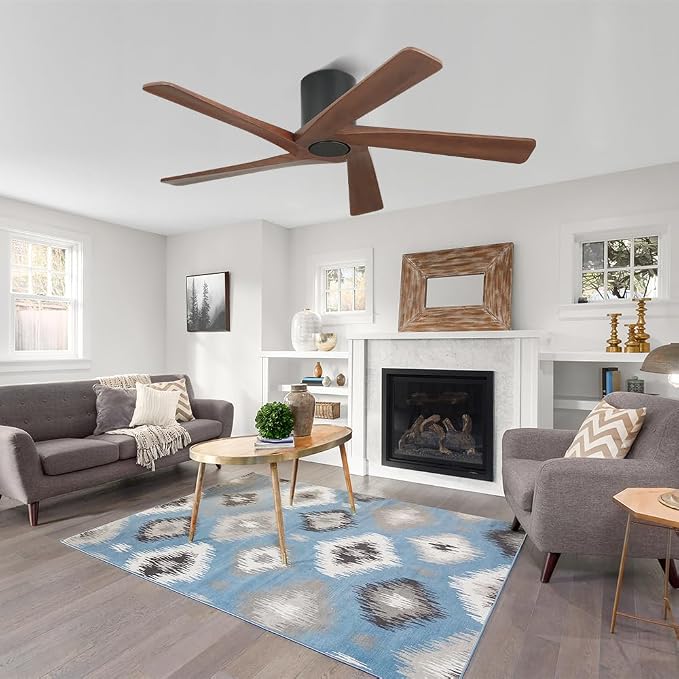 WINGBO 54 Inch Flush Mount DC Ceiling Fan without Lights, 5 Reversible Carved Wood Blades, 6-Speed Noiseless DC Motor, Hugger Ceiling Fan No Lights in Matte Black Finish with Walnut Blades, ETL Listed
