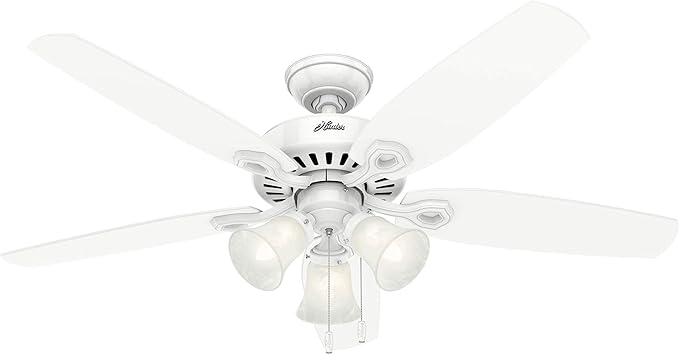 Hunter Builder Plus, Indoor, Ceiling Fan, Pull Chain, 52 inch, Snow White | with LED Lights, Standard Mount, 5 Blades, For Bedroom, Living Room, Includes Bulbs, 53236