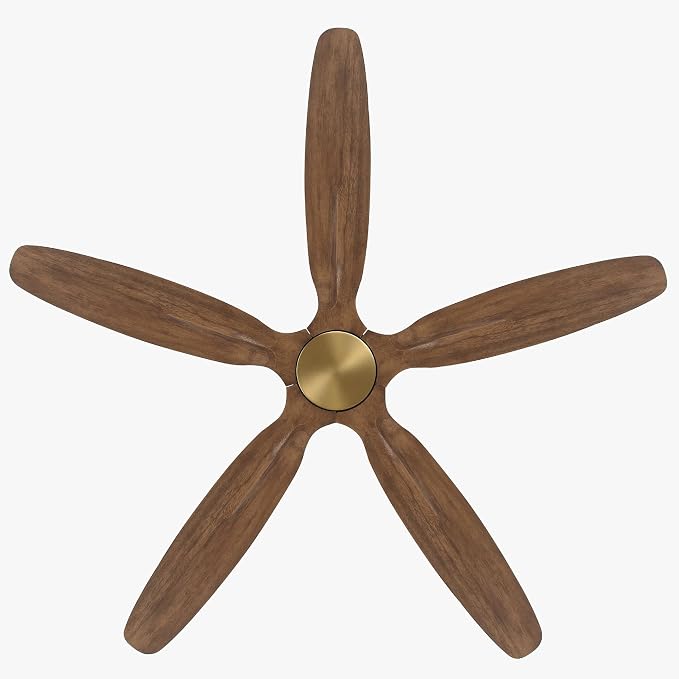 WINGBO 54" Flush Mount Ceiling Fan No Light - 5 Carved Solid Wood Blades, 6-Speed Reversible DC Motor, Dimmable, 3CCT, Low Profile Ceiling Fans without Lights for Bedroom Living Room, Gold and Walnut