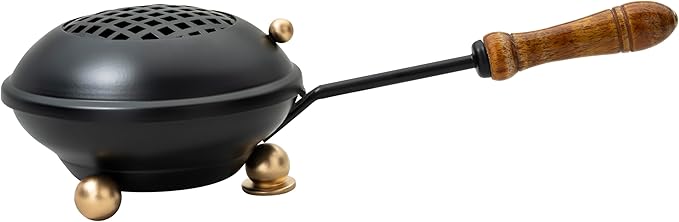 Large Smoking pan [Diameter 4.33 inch, Length Approx. 9.84 inch], Made of Iron, matt Black, with Removable Sieve and Wooden Handle