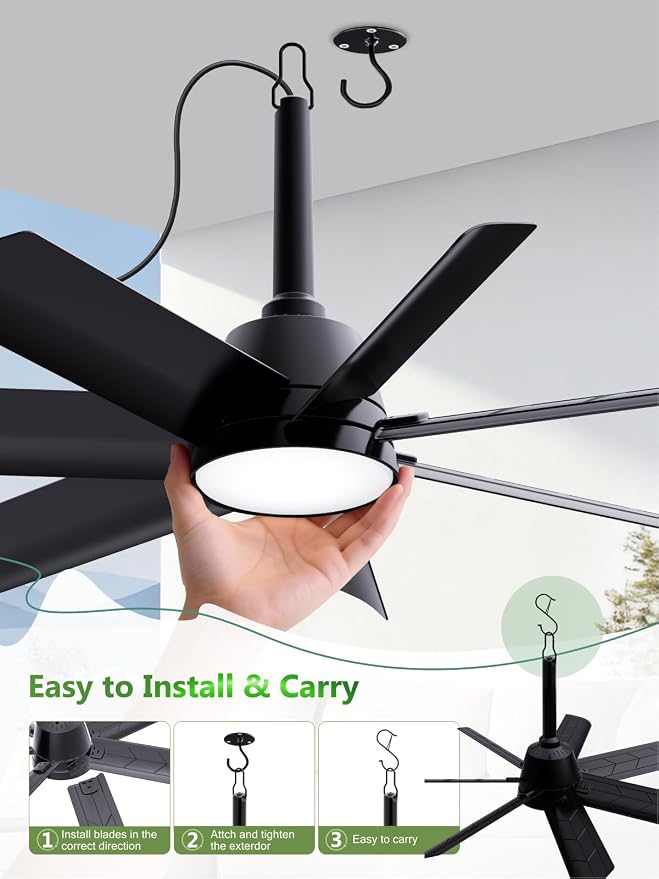 LANMEL Outdoor Gazebo Ceiling Fan with Light and Remote, 28 Inch, Black | Plug-In, IP65 Waterproof, Hanging with Hook, 6 Speed, Reversible, 3CCT, Dimmable, Portable, for Patio, Canopy, Porch, RV