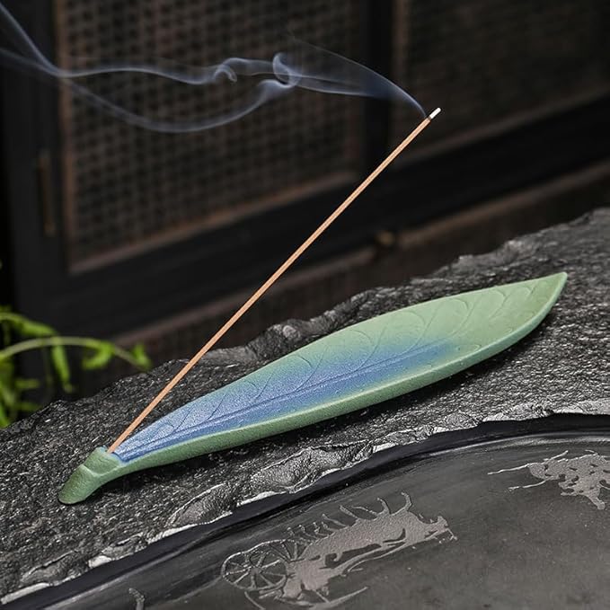 Ceramic Retro Leaf Incense Holder - Frosted Green Aromatherapy Stick Incense Burner - Zen Meditation Decor for Home & Office