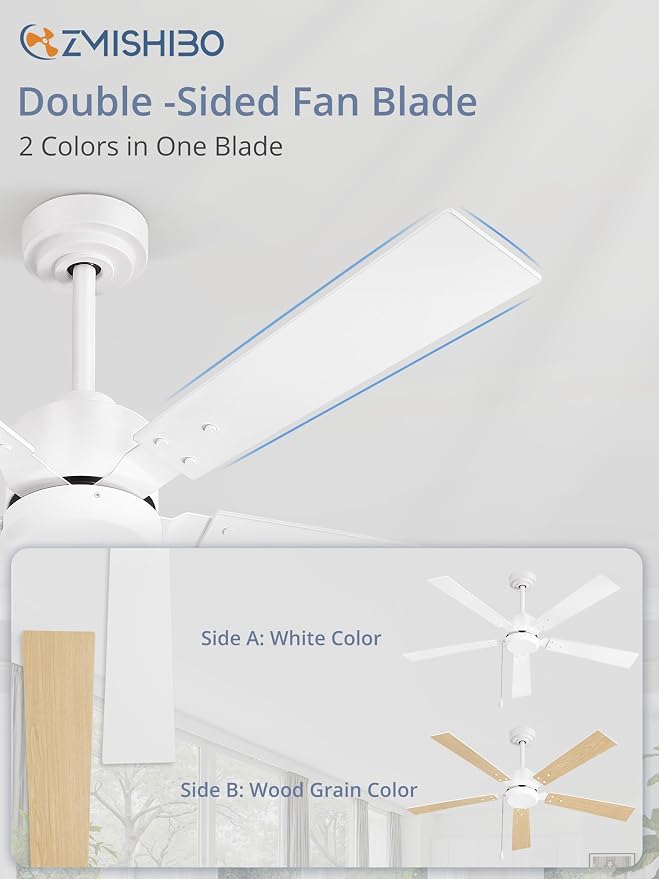 ZMISHIBO 52 Inch Ceiling Fans without Lights, White Ceiling Fan with Pull Chain, 6-Speeds, Quiet DC Motor, Remote Control, Outdoor Ceiling Fan for Patios, Living Room, Kitchen, Shop