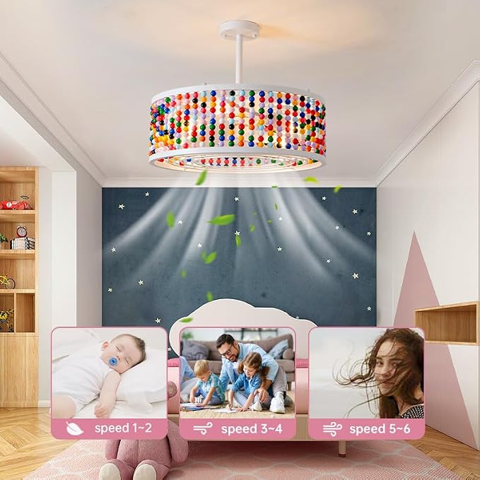 Ceiling Fans with Lights and Remote and Downrod, Caged Ceiling Fan with Handcrafted Beaded Décor 6 Speeds Reversible 19 inches Bulbs Included for Angled Ceiling, Colorful