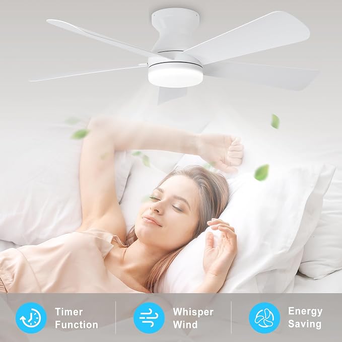 Depuley Modern Ceiling Fan with Light: 42-Inch White Small Fans for Bedroom Indoor Outdoor - Dimmable Low Profile Ceiling Fans with Remote Control Flush Mount 5 Reversible White Blades 6 Speeds Timer